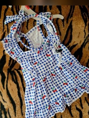 Pet Dress Dog Or Cat Blue Gingham Cherry W Headband Sz Sm Ea.